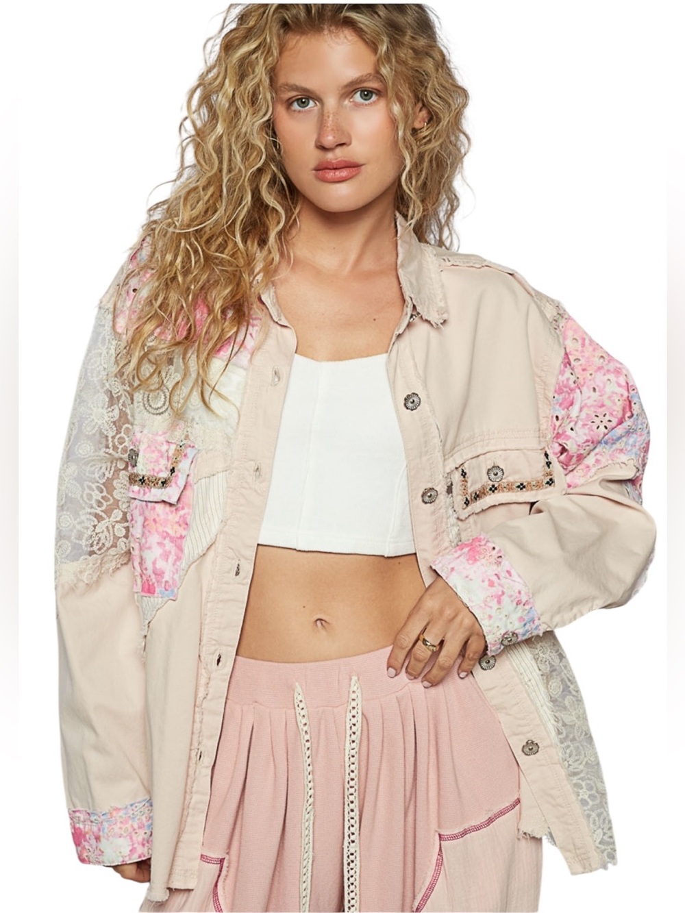 POL Cream Pink Floral Cotton Twill Long Sleeve Crochet Jacket